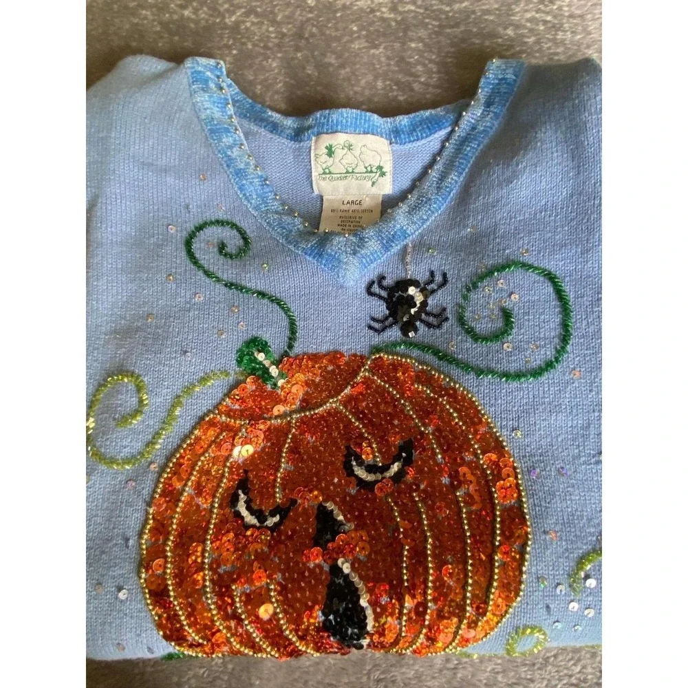 Sequin Beaded Pumpkin Fall Sweater Novelty Halloween Thanksgiving Vintage sku58